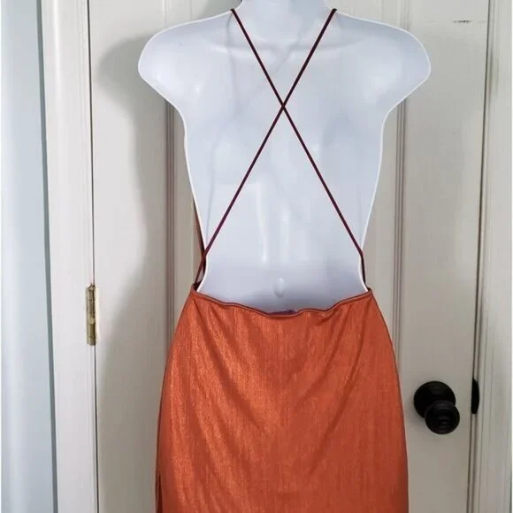 Y2K Copper Metallic Dress M Cowl Neck Mini Strappy Open Back Festival Going Out - Picture 2 of 9